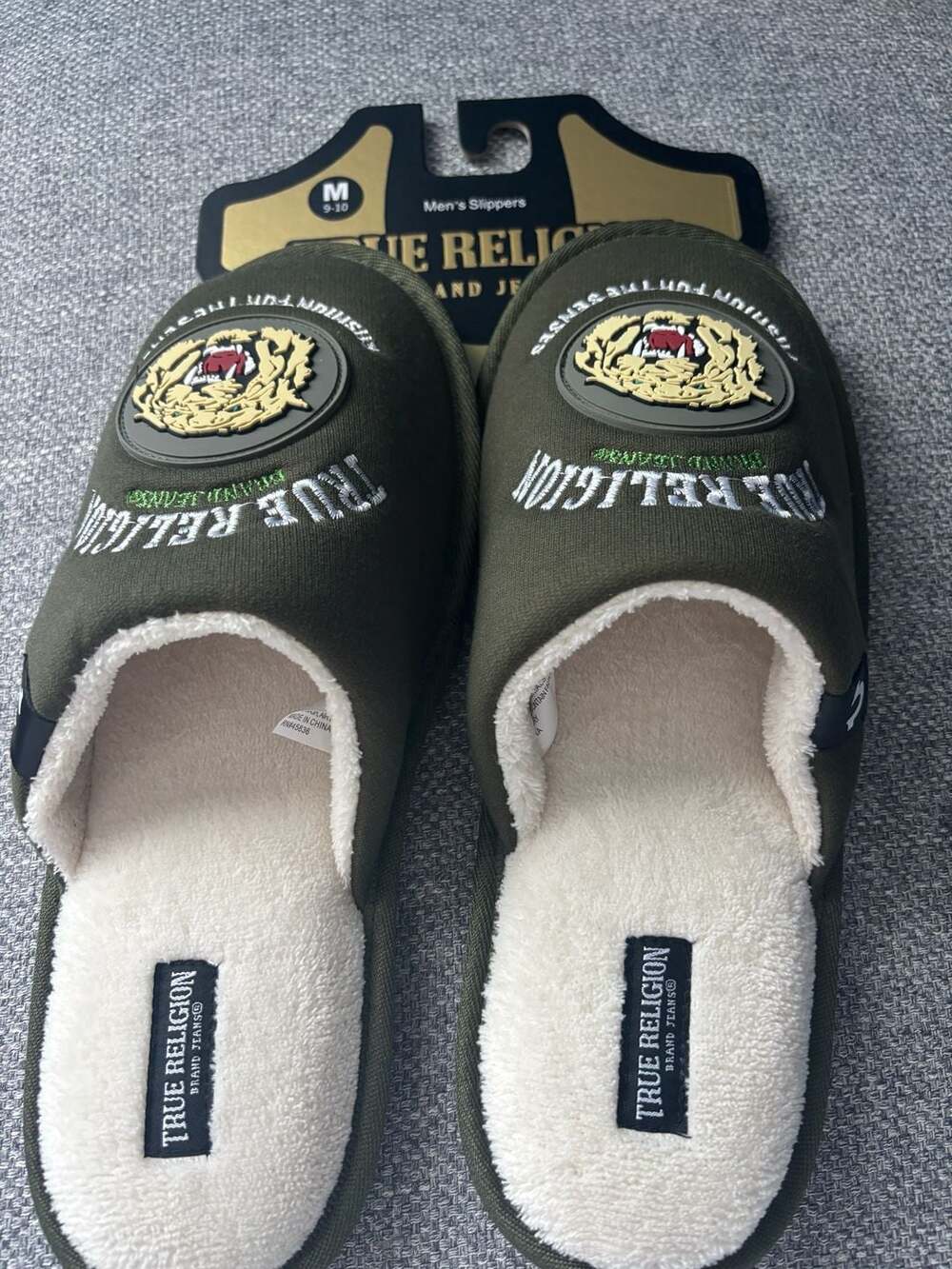 True Religion Men's Tiger Logo Embroidered Faux Fur Lined Slippers
